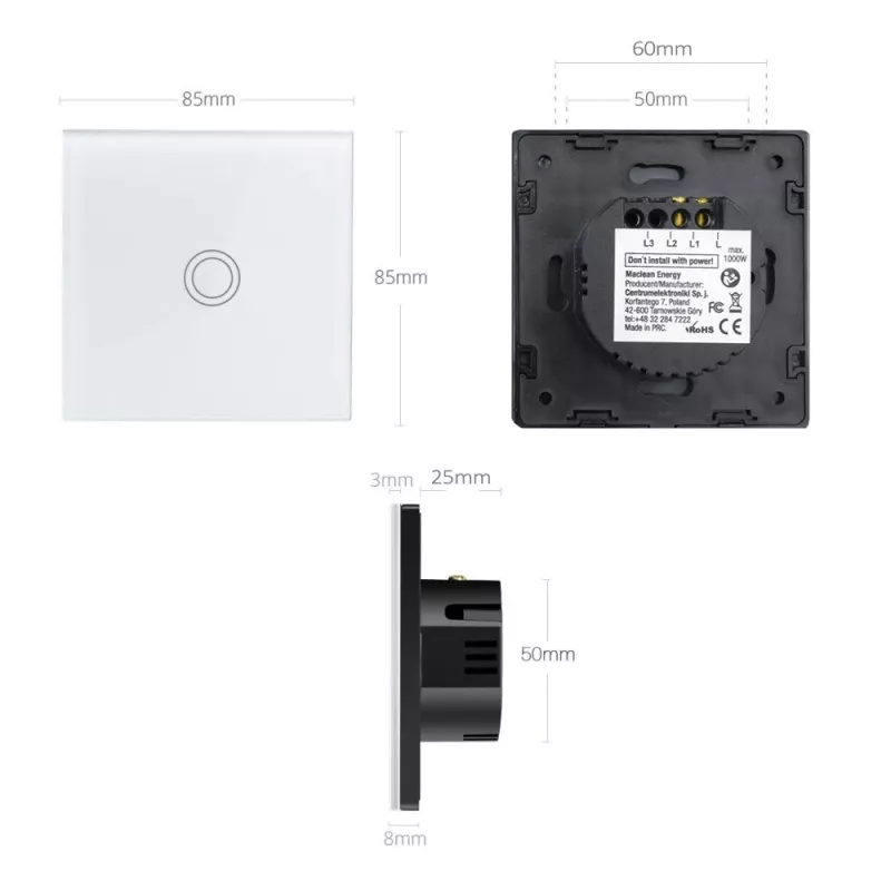 Maclean MCE702W interruptor de luz tátil, simples, de vidro, botão redondo, 86x86 mm, branco