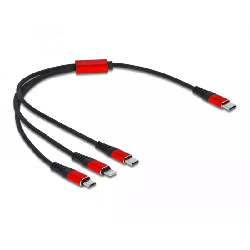 Cabo de carregamento USB DeLOCK 86710 3 em 1 USB Type-C para Lightning Micro USB 30 cm preto vermelho