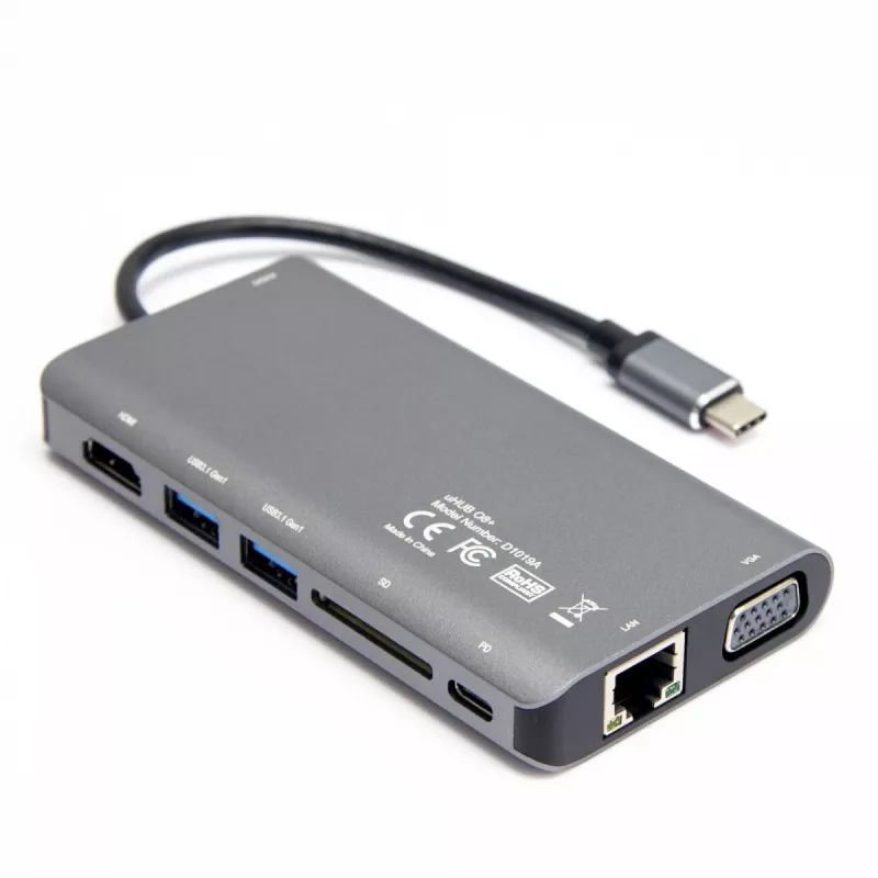 UNITEK uHUB O8+ Hub USB 3.2 Gen 1 Type-C com fio, Cinzento, 100W Power Delivery
