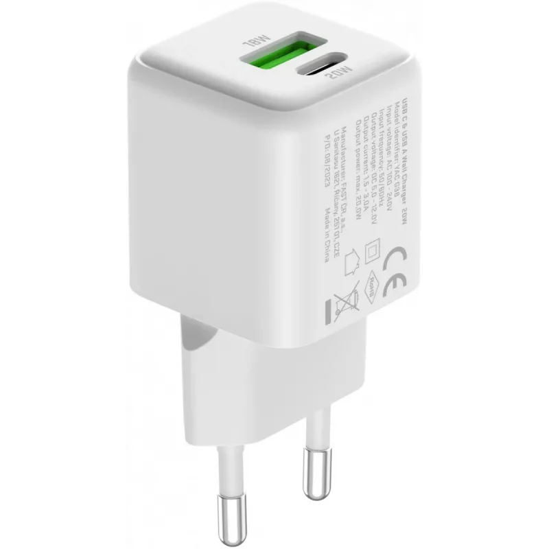 Carregador de rede USB-C/A YENKEE YAC G38 20W 3A Power Delivery (USB‑C e USB‑A)