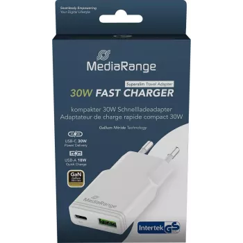 Carregador MediaRange MRMA125 30W 2 portas (1x USB-A, 1x USB-C, GaN) branco