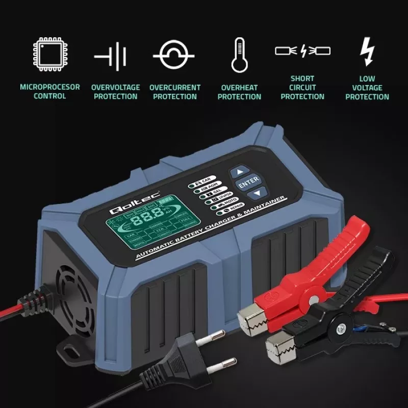 Carregador de bateria inteligente com microprocessador Qoltec com testador de bateria e função de reparação 12V | 6A | LCD | Carregador de bateria para bateria AGM LiFePO4 GEL