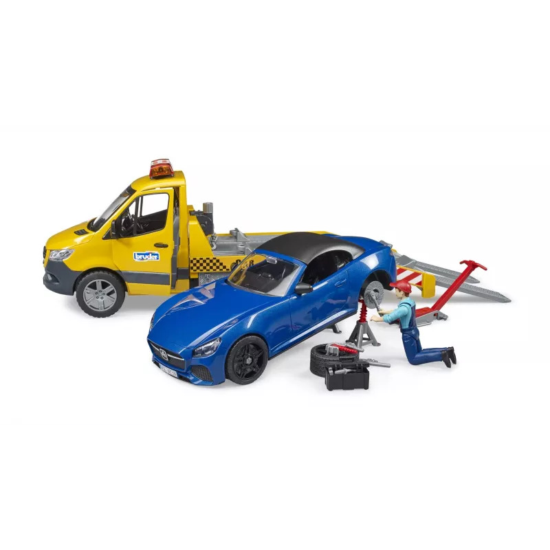 Bruder MB Sprinter transportador de carros com módulo de luz e som, laranja/azul, incl. roadster