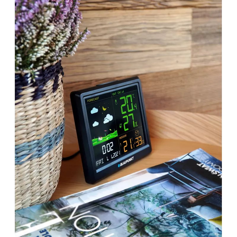 Estação meteorológica BLAUPUNKT WS25BK — Monitor de temperatura e humidade interior/exterior, preto, 1 sensor, ecrã LCD