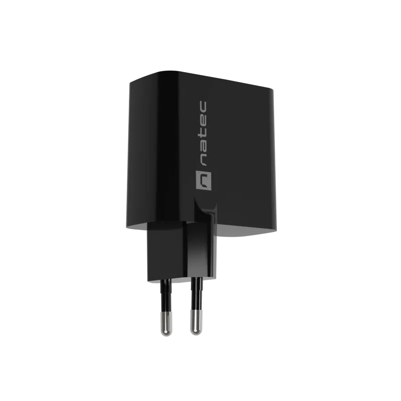 Carregador com fios para dispositivos móveis NATEC NUC-2143, 45 W, USB-C PD 3.0 + USB-A QC 3.0, 110–240 V, preto