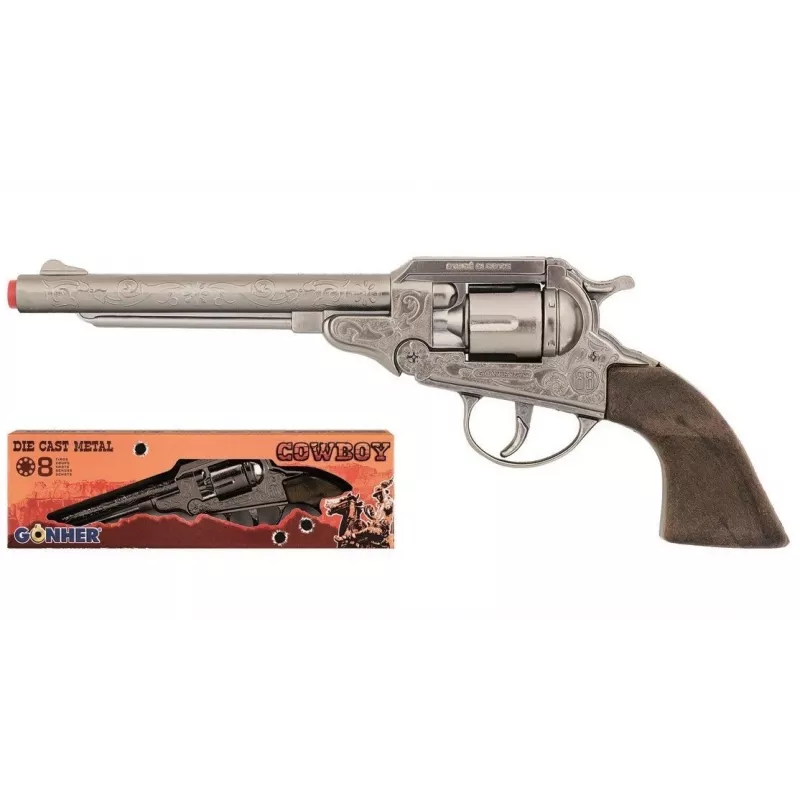 Revólver cowboy Pulio GONHER 88/0 metal 8 tiros – revólver de brinquedo com cápsulas, construção em metal, tambor de 8 tiros