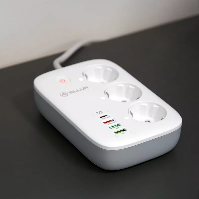 Régua de tomadas Tellur TLL331521 régua de tomadas inteligente WiFi com 3 tomadas, PD 30W, QC 18W