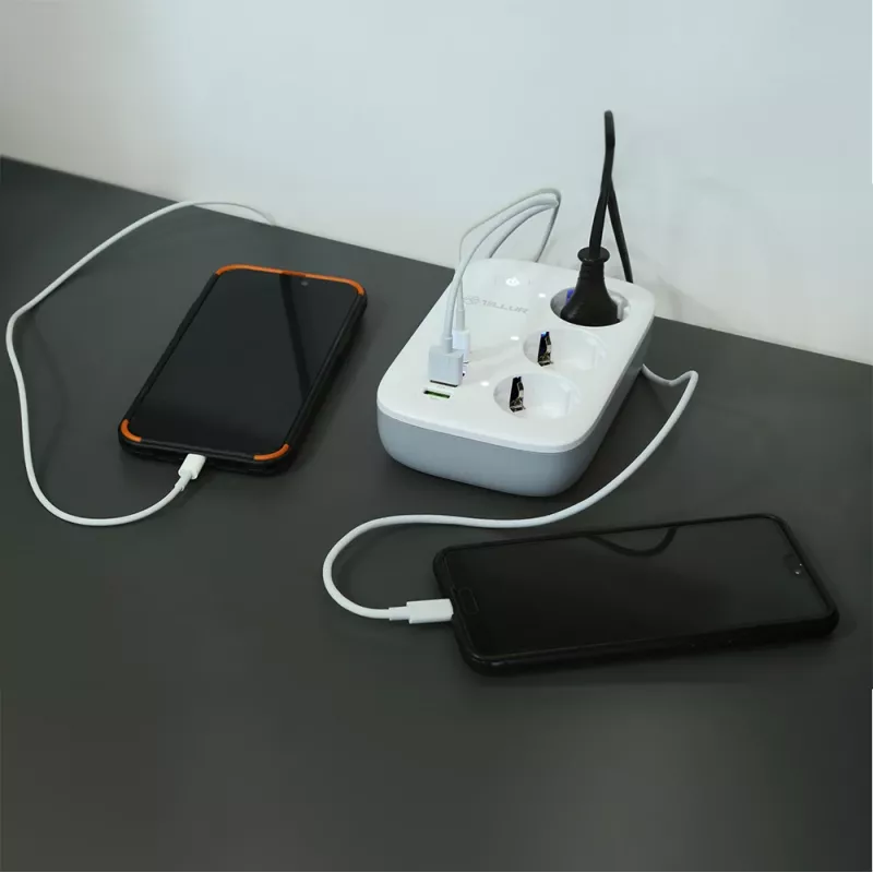 Régua de tomadas Tellur TLL331521 régua de tomadas inteligente WiFi com 3 tomadas, PD 30W, QC 18W