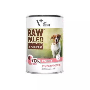 Comida húmida para cães VETEXPERT RAW PALEO Monoprotein Pork 400 g lata, para cachorros, sem glúten, sem soja