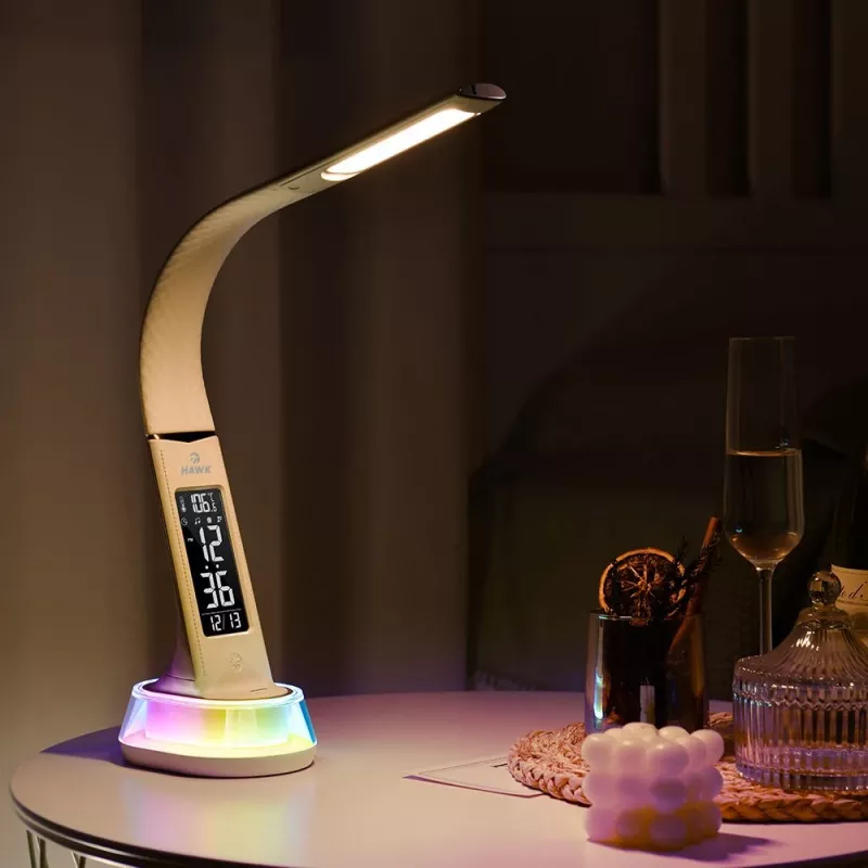 Candeeiro de secretária Hawk HW-LAMP05 branco LED ajustável — candeeiro de trabalho LED compacto com braço ajustável