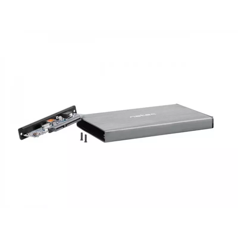 Caixa externa para HDD/SSD NATEC Rhino GO — 2,5 polegadas SATA, 9,5 mm, USB 3.0, alumínio, cinzento, até 4 TB