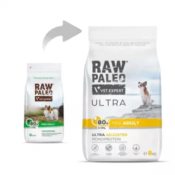 Comida seca para cães VETEXPERT RAW PALEO Ultra Mini Adult Turkey 8 kg — alimento completo para cães adultos de raças pequenas, 24,5 % de proteína, 14 % de gordura