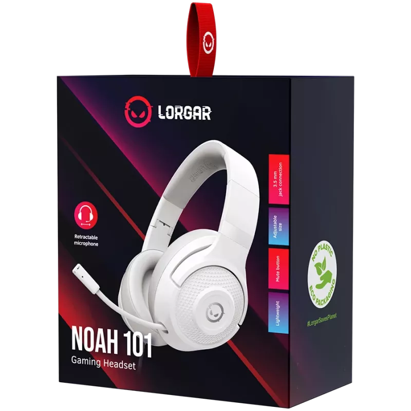 LORGAR Noah 101, headset gaming com microfone, ligação jack 3,5 mm, comprimento do cabo 2 m, design dobrável, almofadas de couro ecológico PU, tamanho: 185*195*80 mm, 0,245 kg, branco