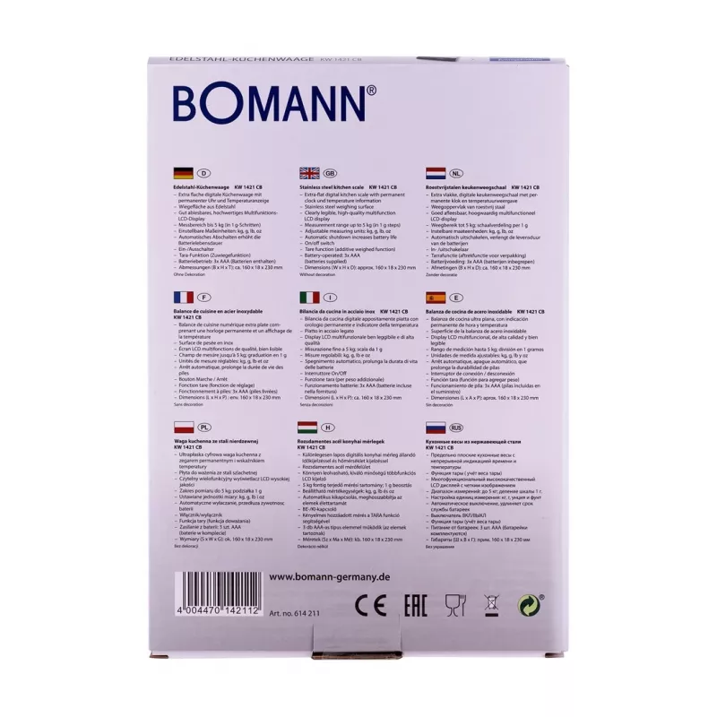 Bomann KW 1421 CB balança de cozinha, ecrã LCD, aço inoxidável, 160 x 230 x 18 mm, AAA, preta (614211)