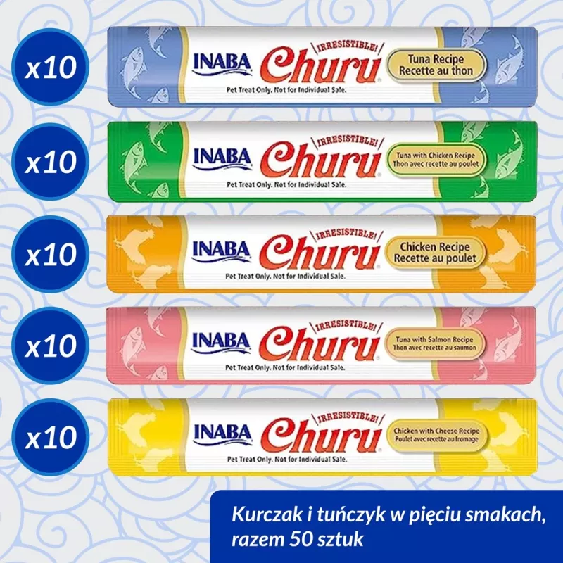 Petiscos húmidos para gatos INABA Churu sabores — frango e atum, 50 x 14 g tubos de pasta, sem cereais, sem glúten e sem açúcar