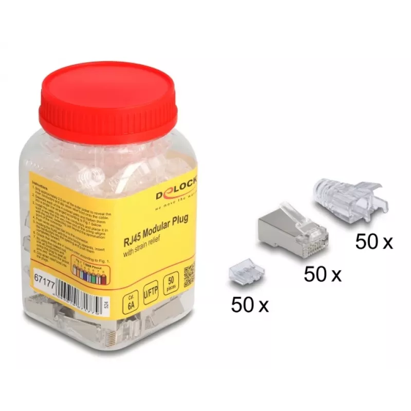 Conector macho RJ45 DeLOCK 67177 prateado transparente 50 unid.