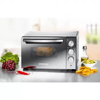 Mini-forno Rommelsbacher BGS 1400, 18 L, 230 °C, 5 modos de aquecimento, espeto rotativo, prateado/preto