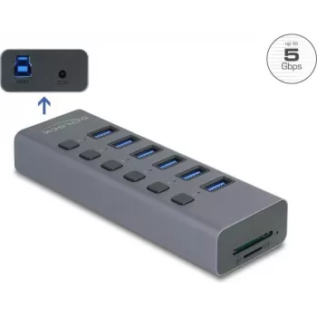Hub USB 3.0 externo de 6 portas DELOCK 64237 com interruptores individuais e slot para cartões SD/MicroSD
