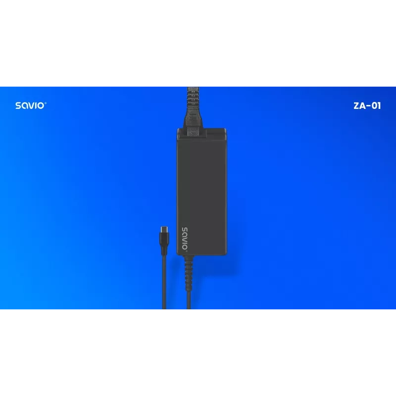 Carregador de CA para interiores SAVIO ZA-01, 65W USB-C PD 3.0, entrada 100–240V, conector único, preto