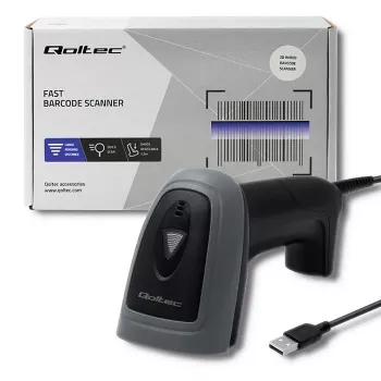 Leitor de códigos de barras manual QOLTEC 50863 — leitor 1D/2D, USB com fios, sensor LED, preto, 5V, cabo de 1,8 m