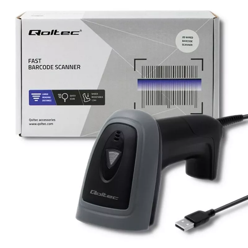 Leitor de códigos de barras manual QOLTEC 50863 — leitor 1D/2D, USB com fios, sensor LED, preto, 5V, cabo de 1,8 m