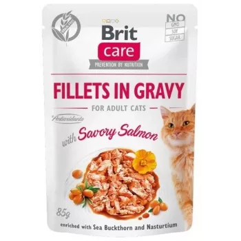 Comida húmida para gatos Brit Fillets in Gravy — filetes de salmão em molho, 85 g saqueta, BRIT Care, gatos adultos, humidade 82%