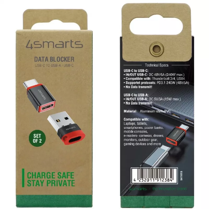 Adaptador de interface 4smarts 541615 – USB Type-A (host) para USB Type-C (saída), preto, ficha macho para conector fêmea, pack de 2