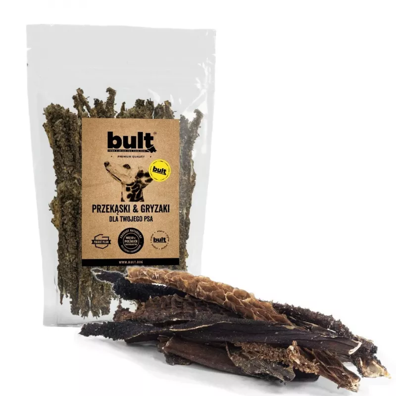 Petiscos para cães BULT barriga de vaca 400 g – snack seco de um só ingrediente, 49,9 % proteína, 28,2 % gordura, sem glúten e sem açúcar