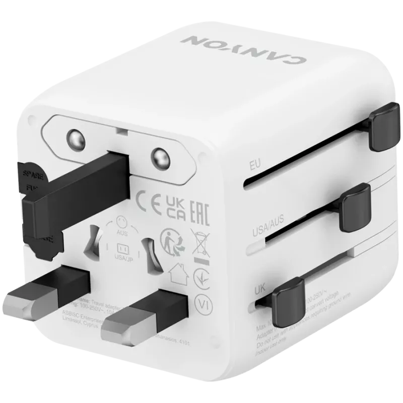 Adaptador de viagem CANYON OnTour One EU UK US AUS branco (CNS-TA1005W) – conversão universal de fichas para EU/UK/US/AUS