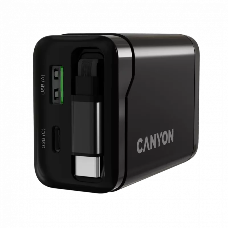Carregador CANYON OnCharge 65RC com cabo USB-C integrado, 65 W, 1x PD, 1x QC, ficha EU, preto