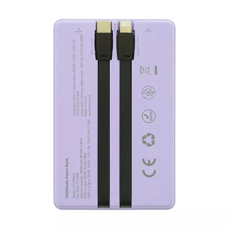 Powerbank portátil Tellur TLL158441, 10000 mAh, cabos USB-C e Lightning integrados, violeta