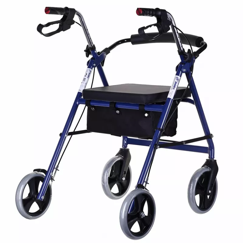 Andarilho com quatro rodas e assento, azul/preto