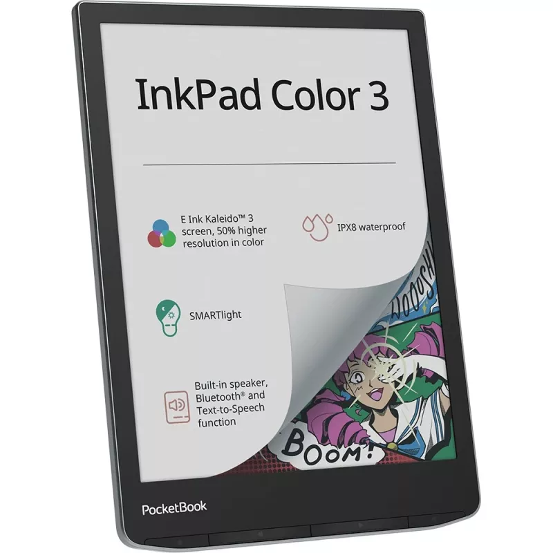 PocketBook InkPad Color 3 Stormy Sea. Diagonal do ecrã: 19,8 cm (7,8 polegadas), Tecnologia: E Ink. Formatos de documentos suportados: ACSM, AZW, AZW3, CBR, CBZ, CHM, DOC,