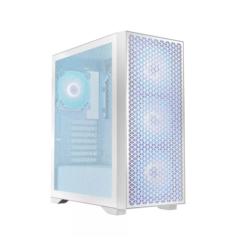 Caixa de PC LOGIC Dart Pro Midi ARGB branco — Midi Tower, ATX, 456×200×385 mm, GPU máx. 34 cm, altura do dissipador da CPU 155 mm, 3x120mm frente + 1x120mm traseira, USB 3.0 x2, USB-C x1