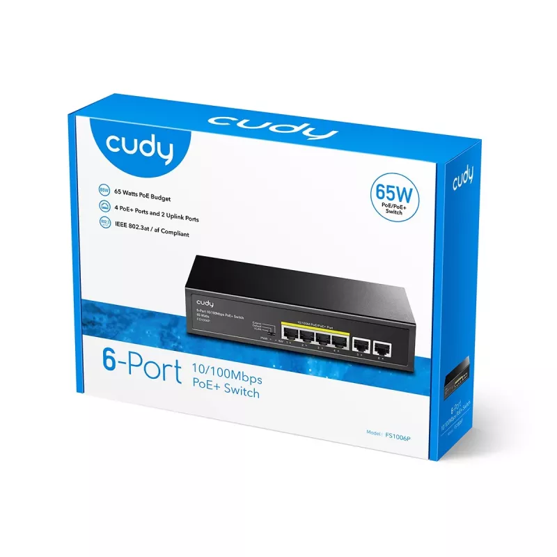 Switch de rede Cudy FS1006P Fast Ethernet 6 portas (4 PoE, 1 PoE+) 10/100 Mbit/s, largura de banda 1,2 Gbit/s, caixa metálica, montagem em rack/parede