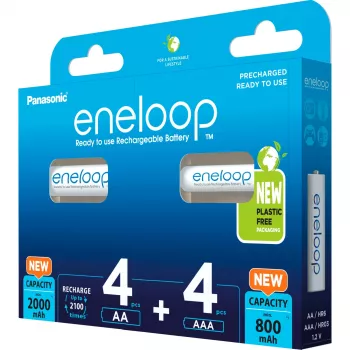 Pilhas recarregáveis Panasonic Eneloop AA 2000 mAh (4 unid.) e AAA 800 mAh (4 unid.), Ni‑MH, 1,2 V, 8 unid.