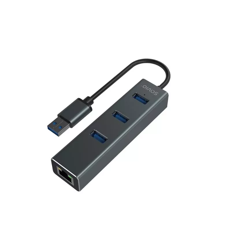 Hub USB-A SAVIO com RJ-45 Gigabit Ethernet AK-57 — 3× USB-A + RJ-45, USB 3.2 Gen 1 Micro‑B host, 5 Gbit/s, 4 portas, cinzento