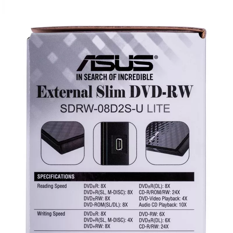 Unidade ótica externa DVD±RW ASUS SDRW-08D2S-U Lite, USB 2.0, preta, 24x CD / 8x DVD, 142×142×20 mm