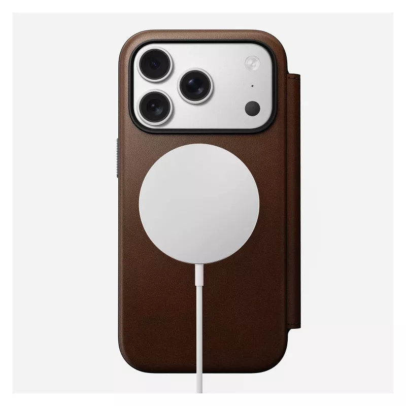 Capa de pele tipo carteira para telemóvel Nomad Modern Leather Folio para iPhone 17 Pro – castanha, compatível com 6,3 polegadas (16 cm), 4 compartimentos para cartões