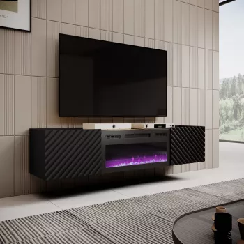 Móvel de TV Cama Meble ONDA com lareira elétrica 1805×400×580 mm, preto, superfície de aglomerado (de pé ou montado na parede)