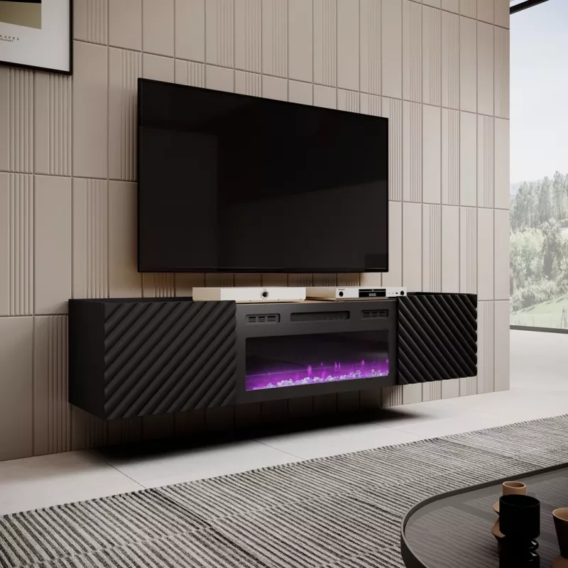 Móvel de TV Cama Meble ONDA com lareira elétrica 1805×400×580 mm, preto, superfície de aglomerado (de pé ou montado na parede)