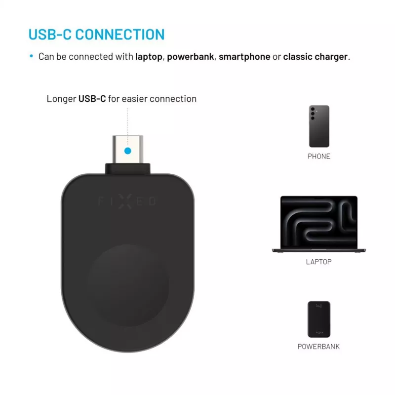 Adaptador de carregamento USB-C fixo FIXED FIXDW-AWAP-BK para Apple Watch Powerstation Uni, substituição compacta
