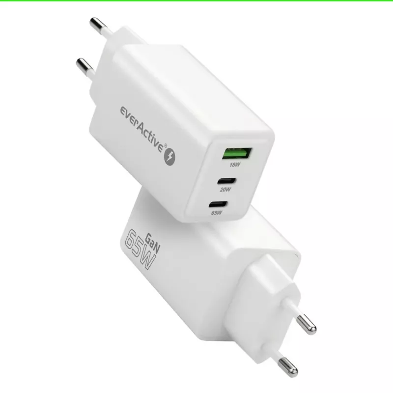Carregador everActive SQ-655Q 65W, 1×USB-A + 2×USB-C carregamento rápido