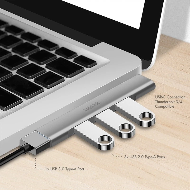 Hub USB 3.2 Gen1 LogiLink 4 portas USB-C 1x USB3.0 AF 3x USB2.0 AF UA0437