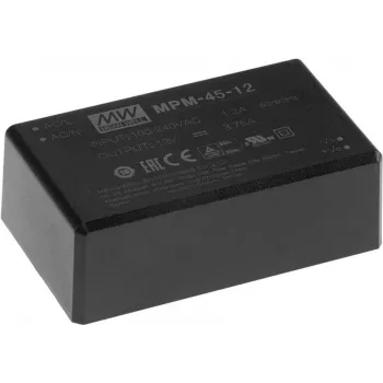 Fonte de alimentação Mean Well MPM-45-5, interior 45 W, entrada 80–264 V, preto, 52×87×29,5 mm