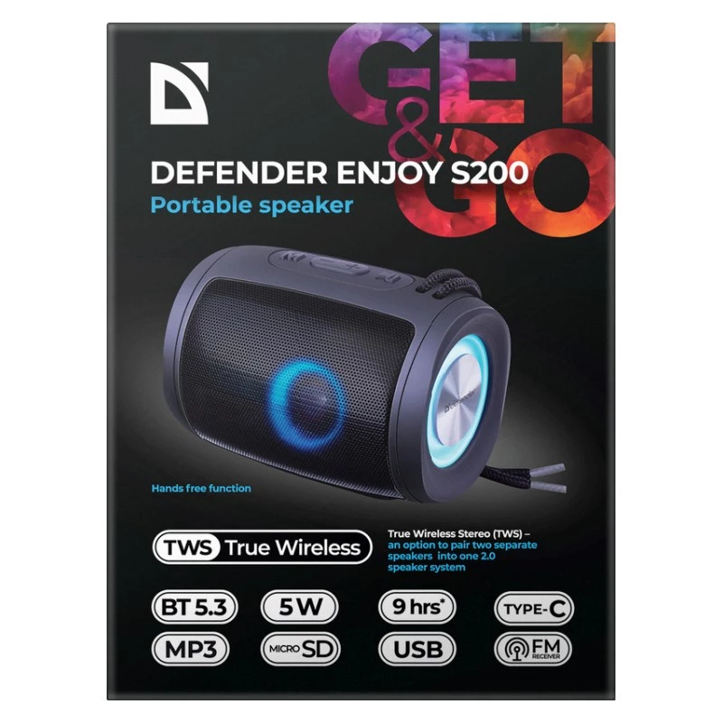 DEFENDER Enjoy S200 65200 coluna Bluetooth portátil, TWS, 5 W, luz LED, FM, microSD, bateria de 10 h, preta