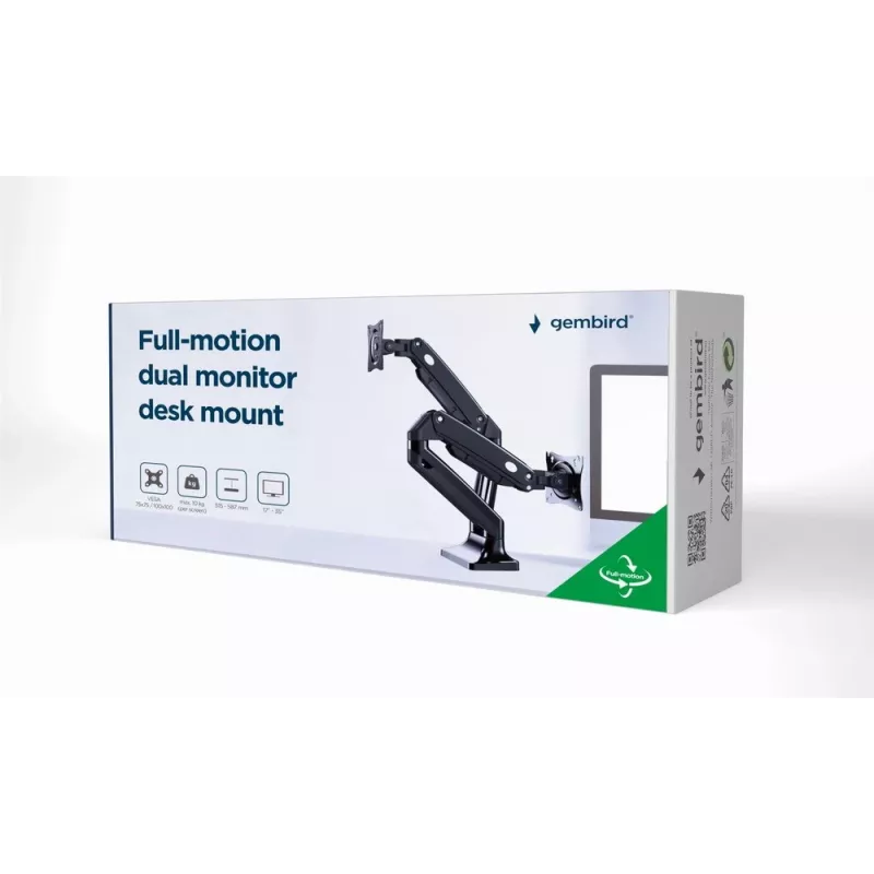 Suporte para monitor GEMBIRD MA-DA2-03 para ecrãs até 35 polegadas, fixação de mesa, VESA 75x75–100x100, 20 kg, preto, ecrã duplo