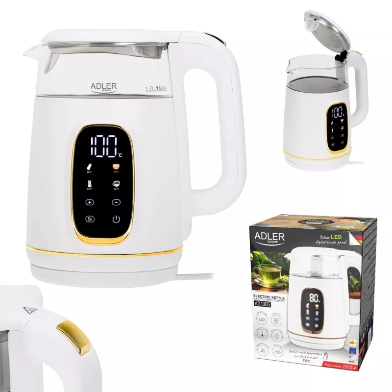 Chaleira elétrica Adler AD 1305WG — 1,7 l, 2200 W, vidro/plástico, branco/dourado/transparente