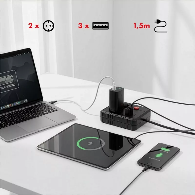 Extensão elétrica MACLEAN MCE387 B — 2 tomadas, 3×USB A, 110–240 V, cabo de 1,5 m, máx. 2500 W