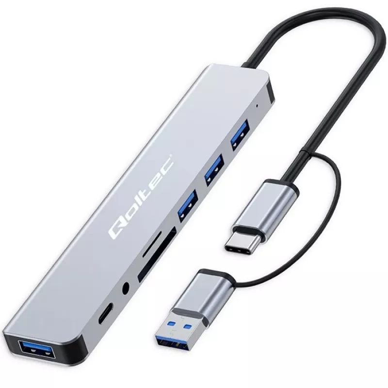 Hub USB-C QOLTEC 4x USB + leitor de cartões SD/TF modelo 53794